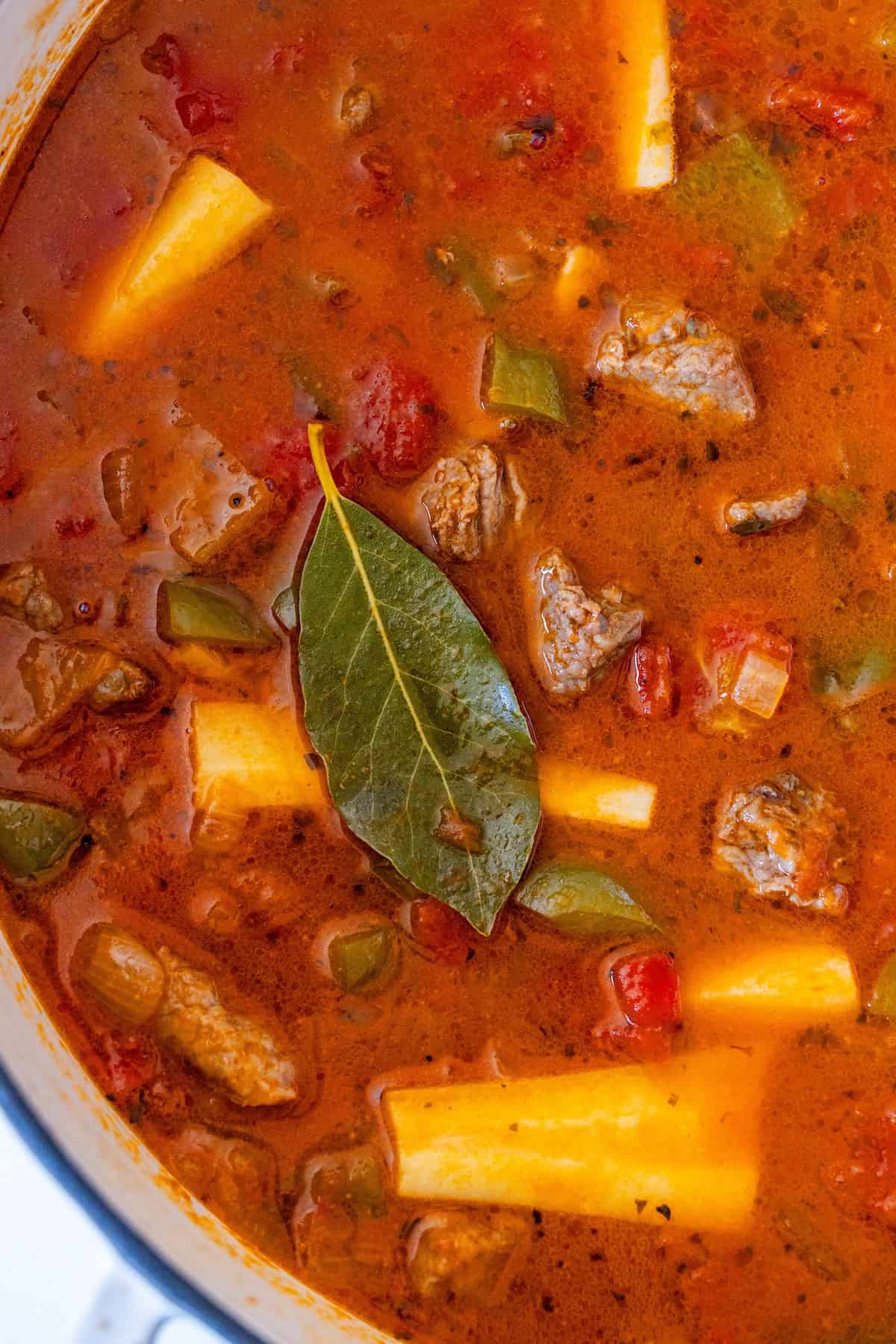 Close-up of a simmering beef and parsnip stew with visible chunks of beef, green pepper, tomato, potato, parsnip, and a bay leaf.