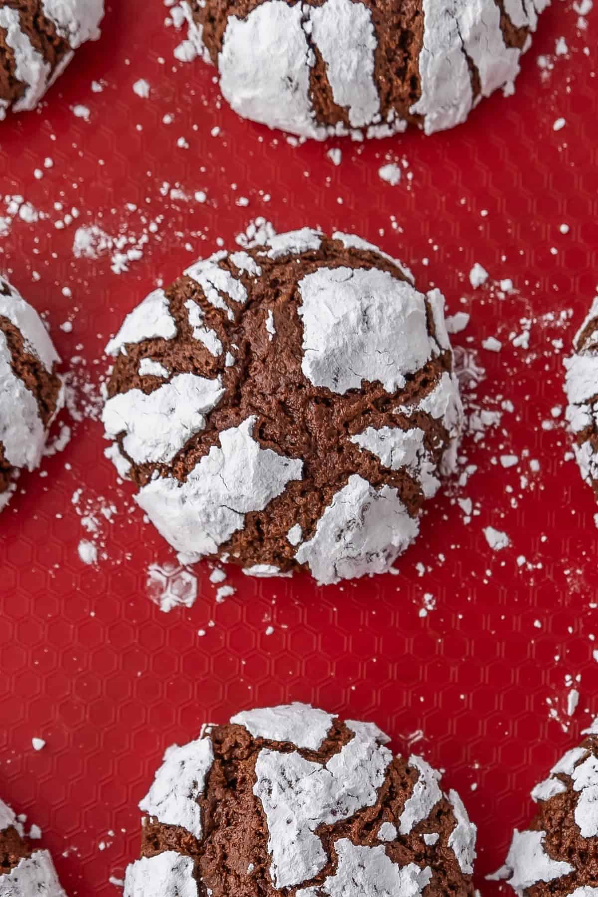 Chocolate crinkle cookies dusted with powdered sugar rest elegantly on a red textured surface.