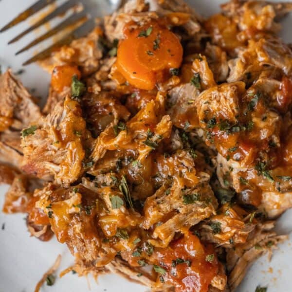 Close-up of a plate with braised shredded beef stew, featuring tender meat chunks, sliced carrots, and a savory paprika-infused sauce, garnished with herbs. A fork is placed nearby.