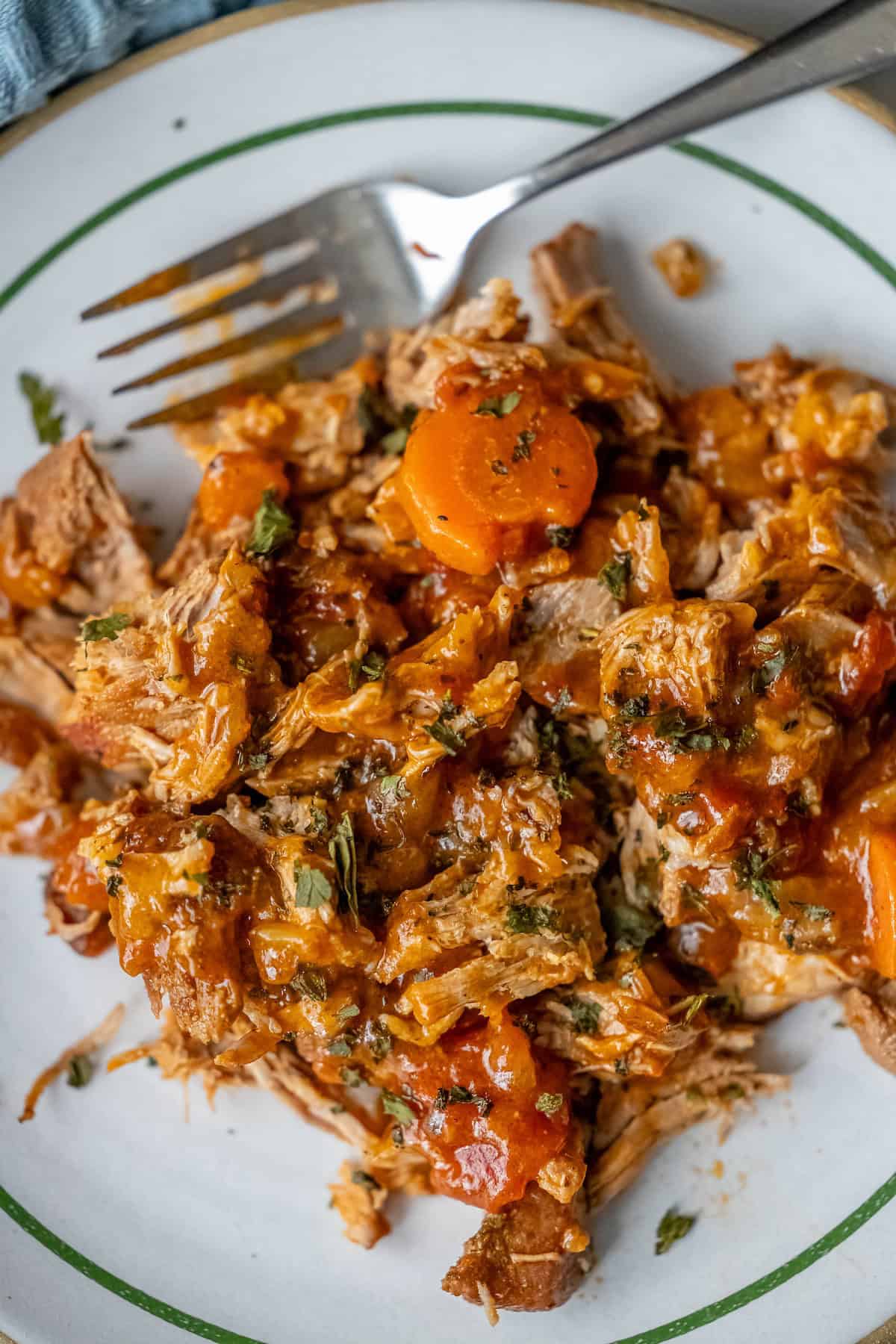 A plate with shredded beef stew, braised to perfection and topped with carrots, herbs, and a hint of paprika, alongside a fork.