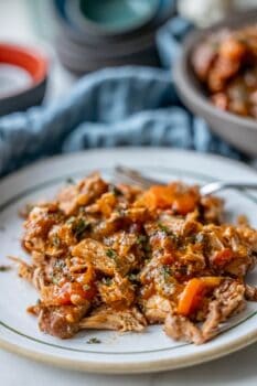 A plate of shredded chicken with vegetables in a savory, paprika-infused sauce, garnished with herbs and reminiscent of the depth in braised dishes, sits invitingly beside a fork.