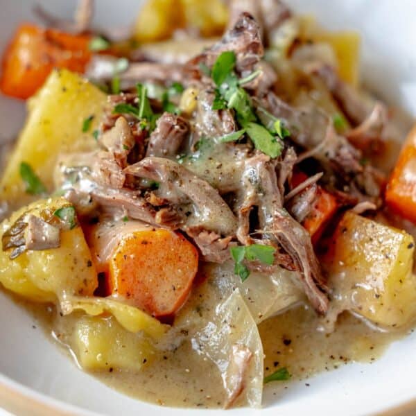 A plate of slow-cooked beef stew with carrots, potatoes, and onions, garnished with herbs, offers the comforting heartiness of a classic pot roast.