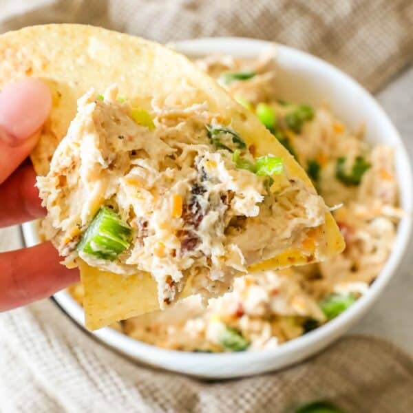 A hand holding a tortilla chip topped with a creamy chicken salad mixture, with celery and spices visible. A bowl with more of the salad is in the background.