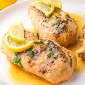 The Lemonade Chicken features tender cooked chicken breast garnished with fresh lemon slices and herbs, elegantly served on a white plate with a drizzle of sauce.