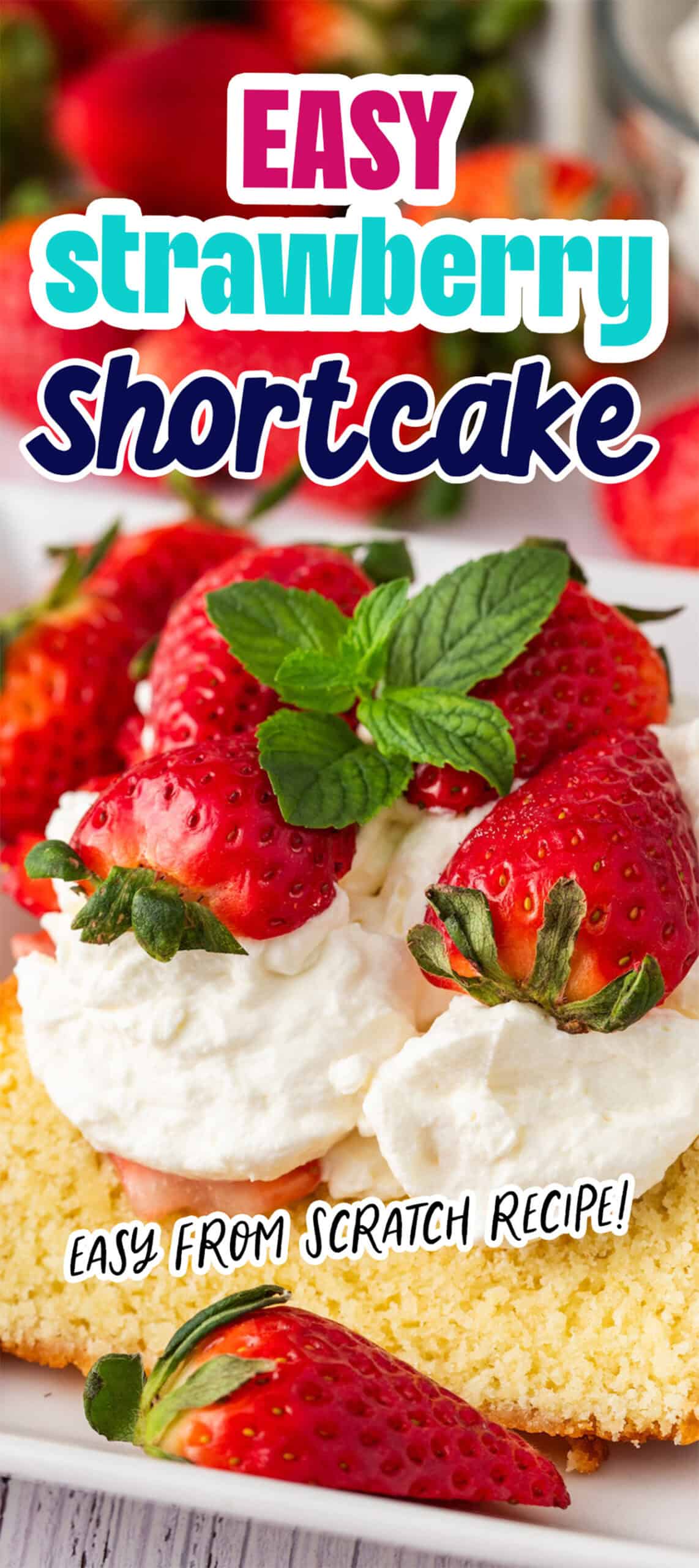 Plate of strawberry shortcake with whipped cream, fresh strawberries, and a mint garnish. Text overlay reads: "Easy Strawberry Shortcake" and "Easy from Scratch Recipe!" Enjoy the classic delight of strawberry shortcake at its finest.