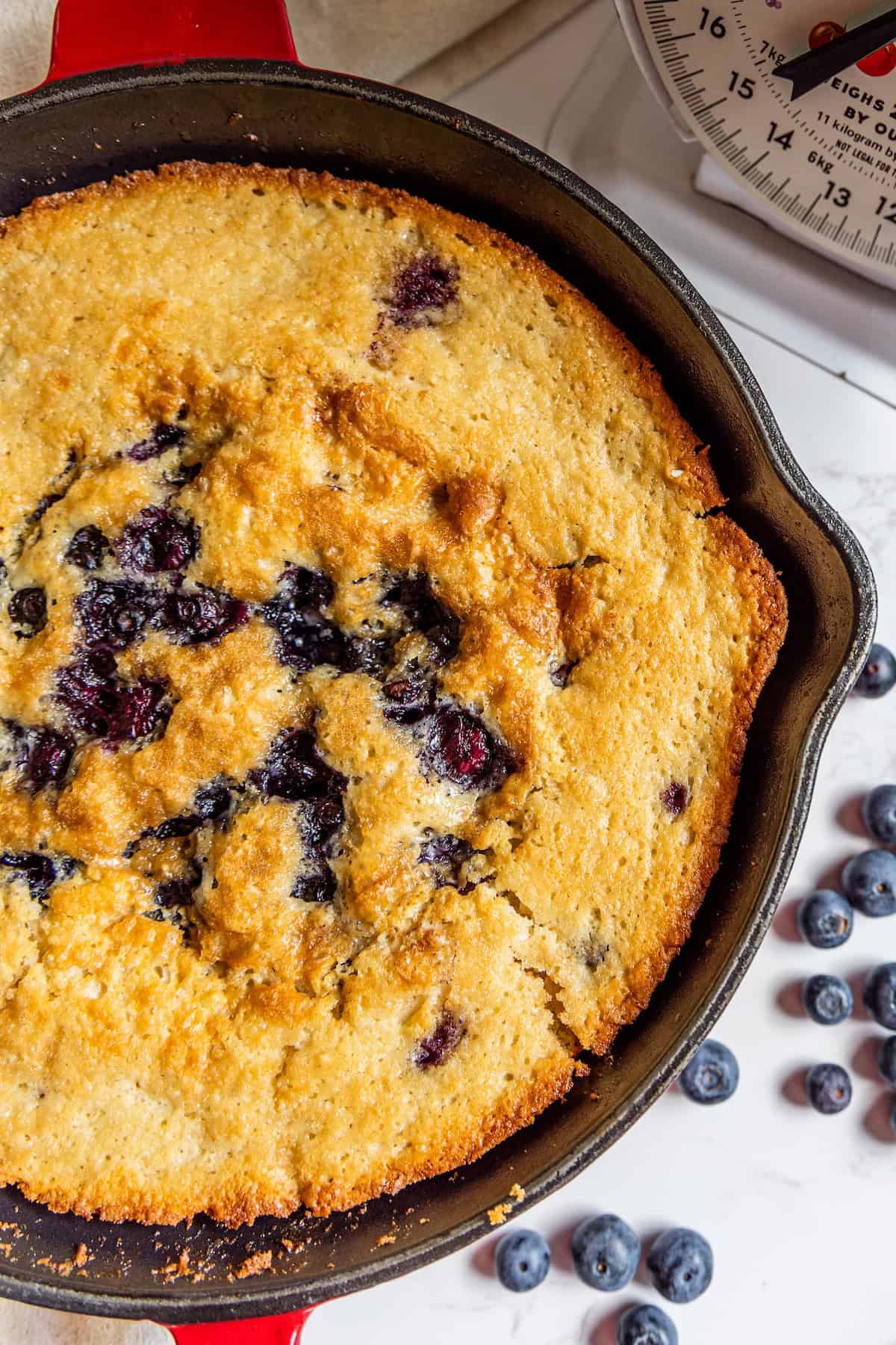 Sour-Sweet Sourdough Blueberry Cobbler 3 A cast iron skillet filled with sourdough blueberry cobbler sits next to fresh blueberries and a kitchen scale on a white surface.