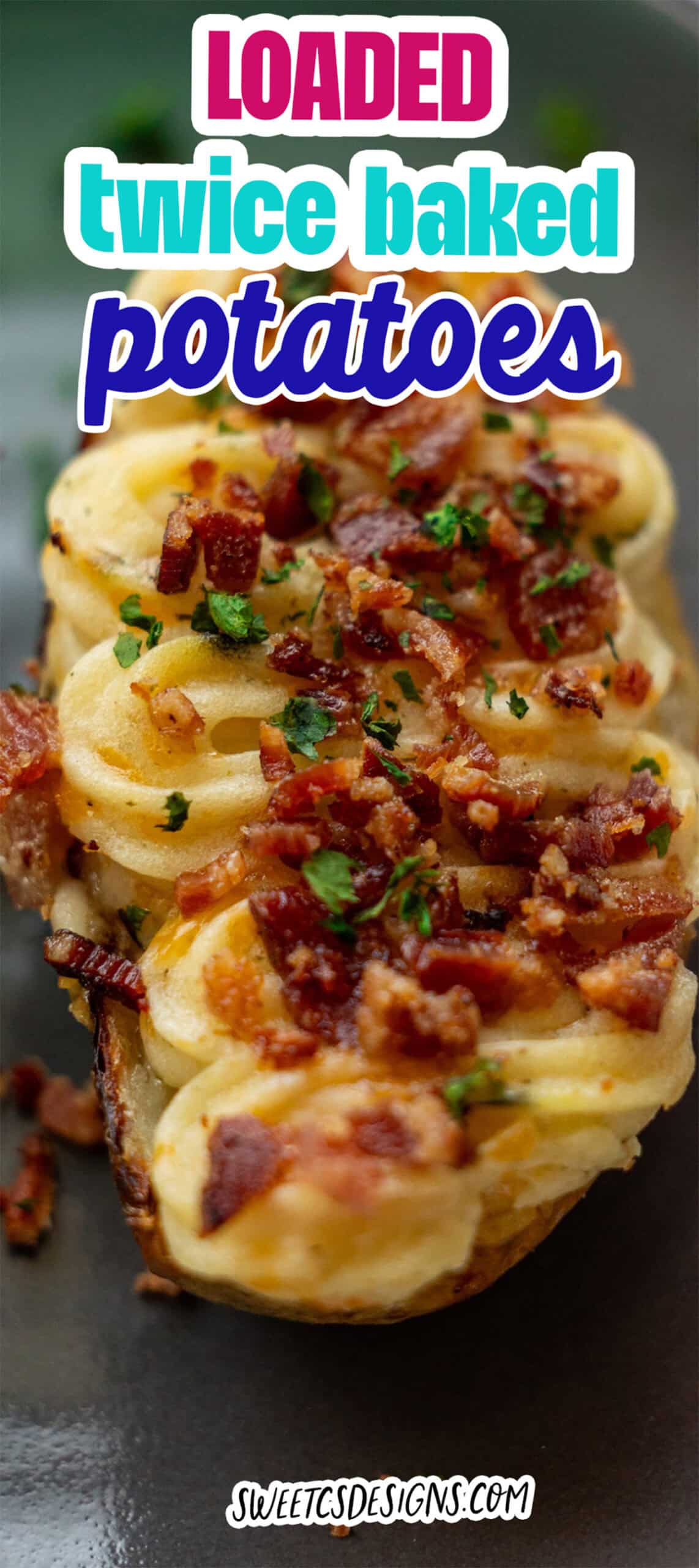 A Loaded Twice Baked Potato topped with crispy bacon bits and chopped parsley sits on a dark plate, offering all the classic flavors of Loaded Twice Baked Potatoes in every delicious bite.