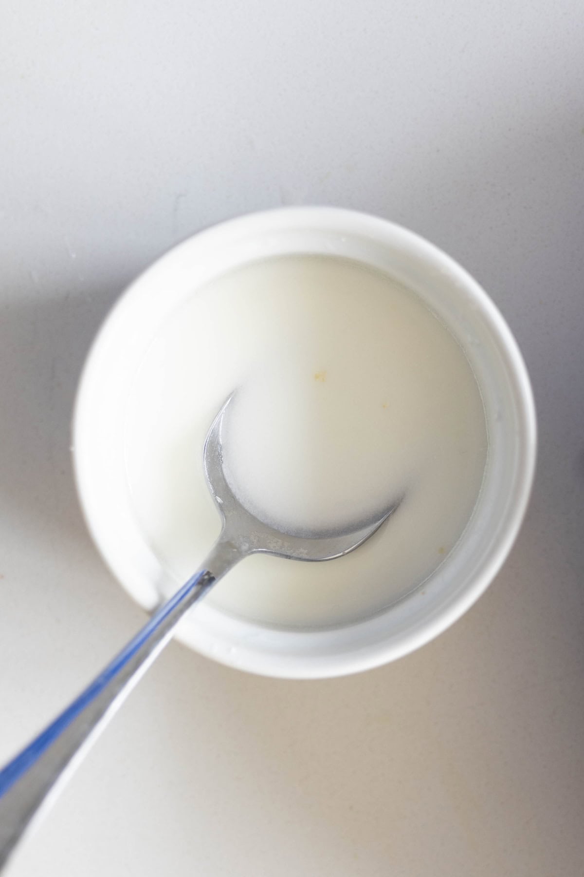 A metal spoon rests in a white bowl filled with a small amount of white liquid, next to a crispy Fried Potsticker, all placed on a light-colored surface.