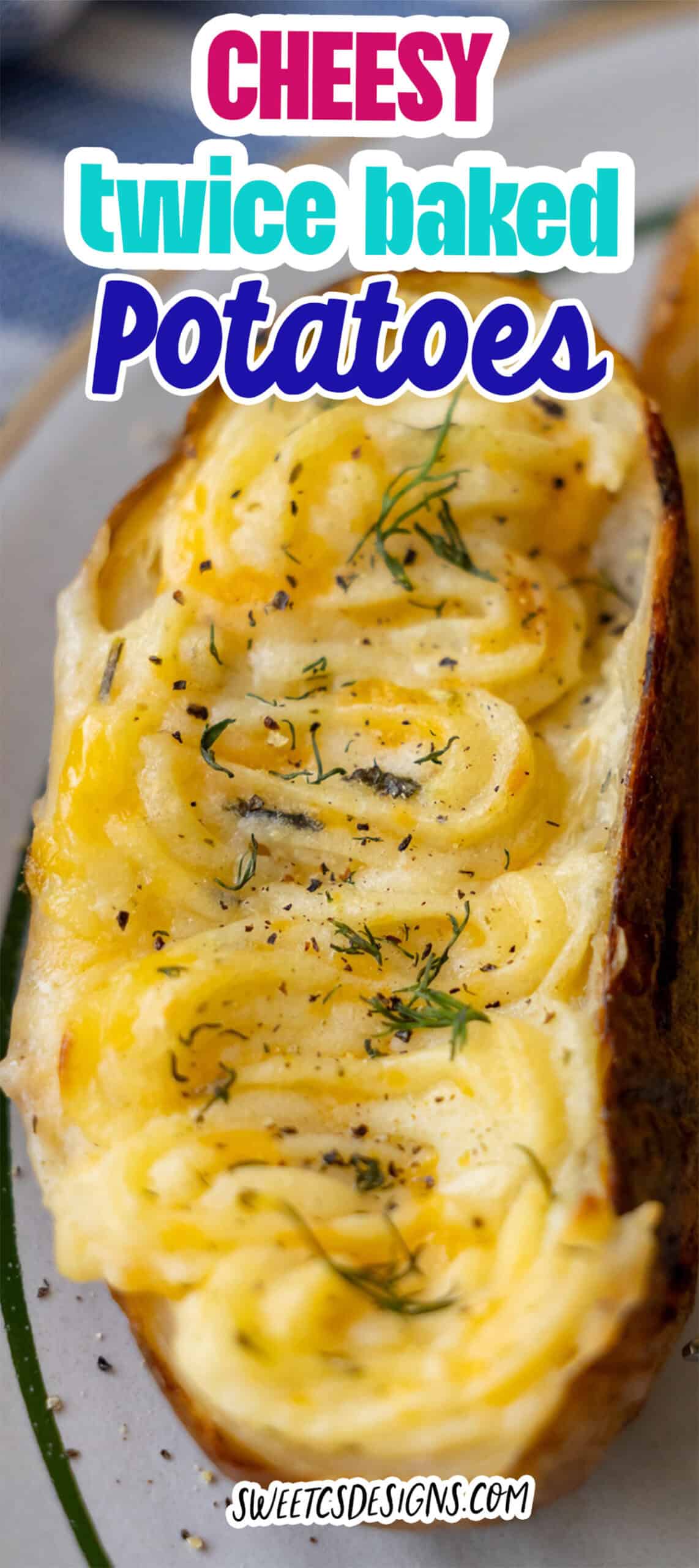 A Twice Baked Potato half filled with piped cheesy mashed potatoes, sprinkled with herbs and black pepper, served elegantly on a plate.