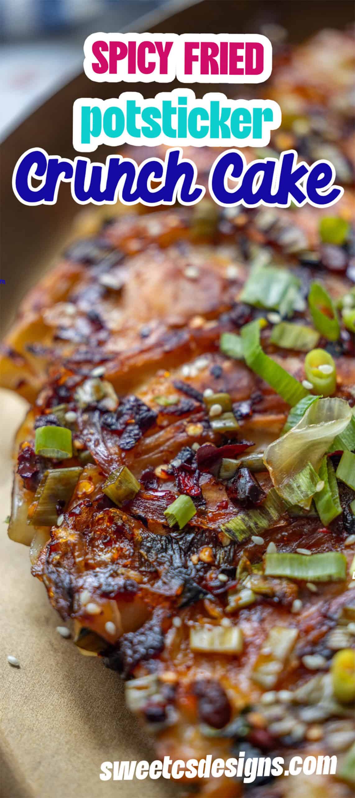 Close-up of a crispy, pan-fried potsticker crunch cake topped with chopped green onions and sesame seeds—a perfect fried crunchy potsticker pancake for savory snacking.