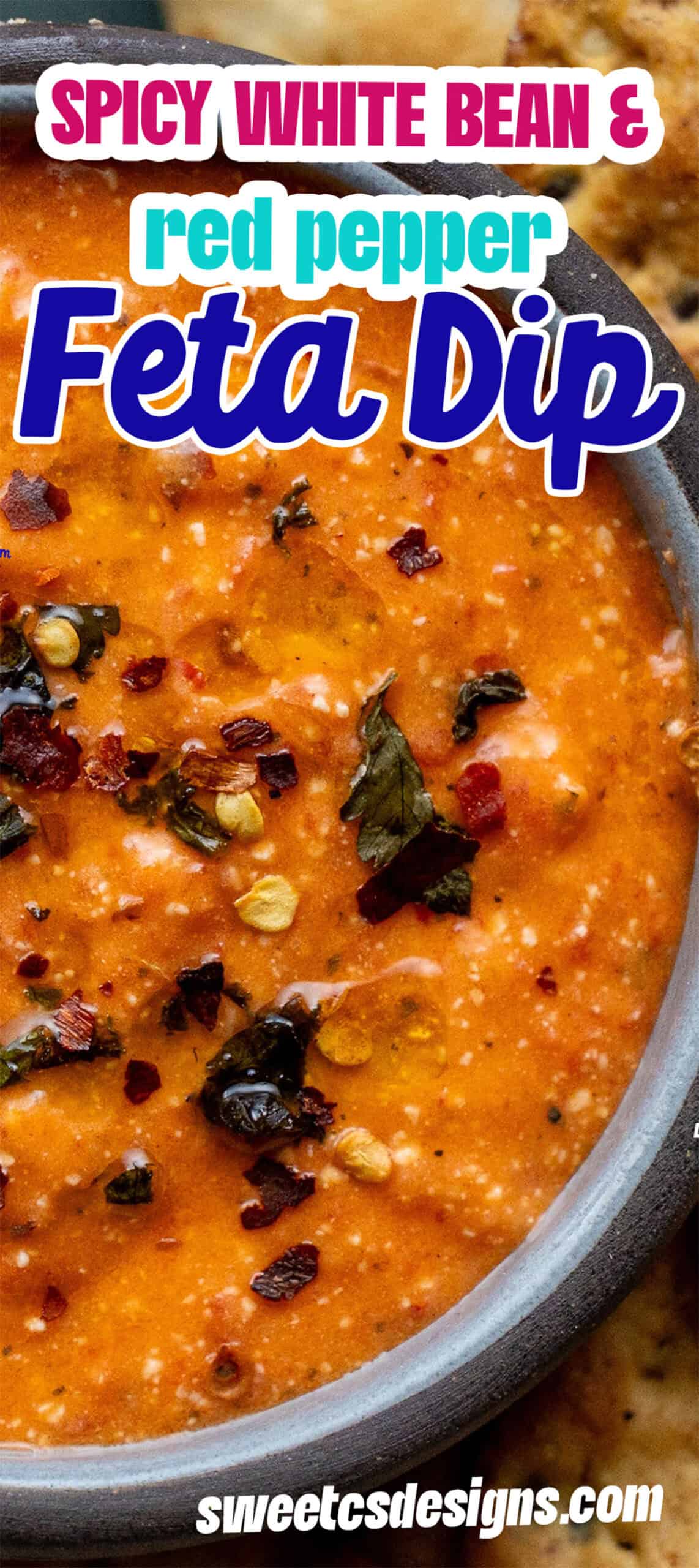 Close-up of a creamy White Bean Dip with red pepper and feta, topped with fresh herbs and chili flakes in a bowl. Text overlay promotes this flavorful Red Pepper recipe.