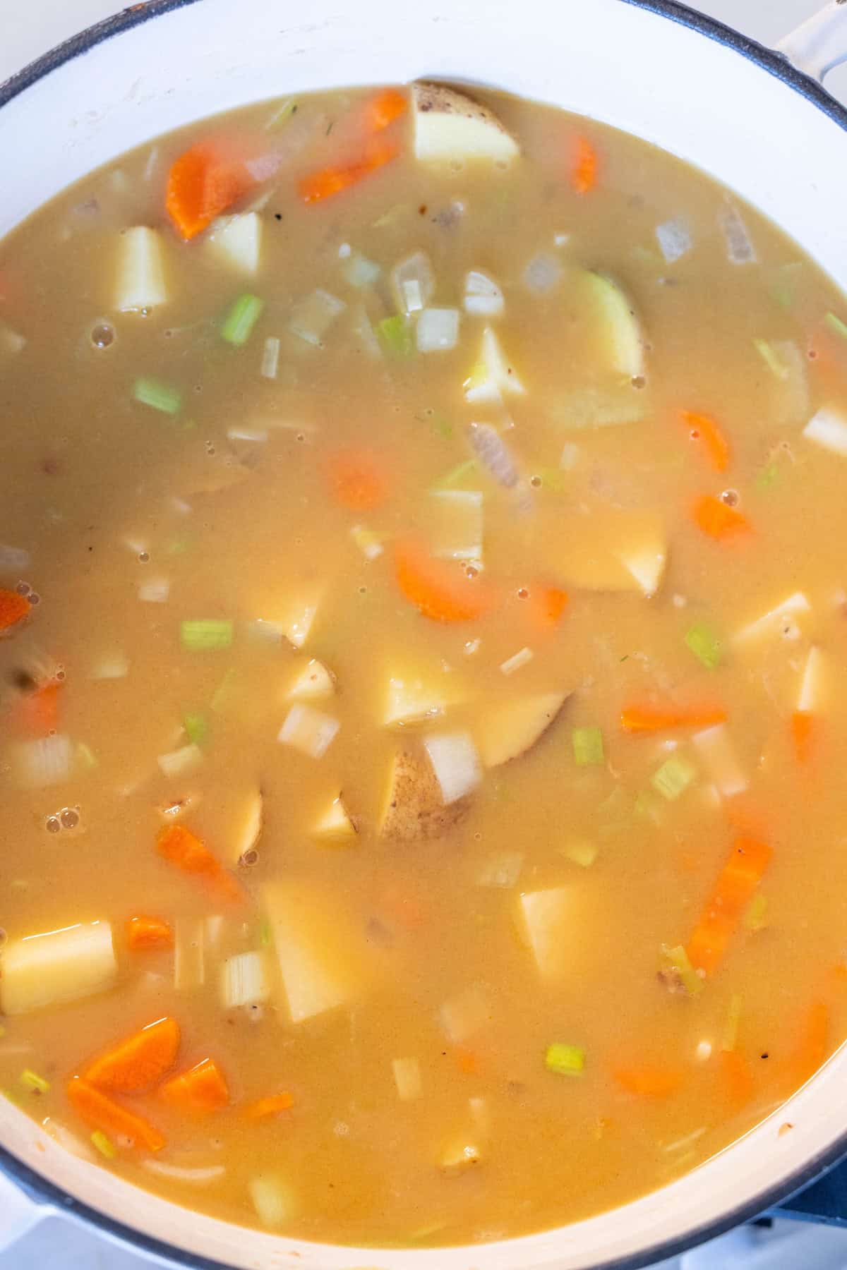 A pot of Irish Seafood Chowder with visible chunks of potatoes, carrots, celery, and onions in a light, flavorful broth.