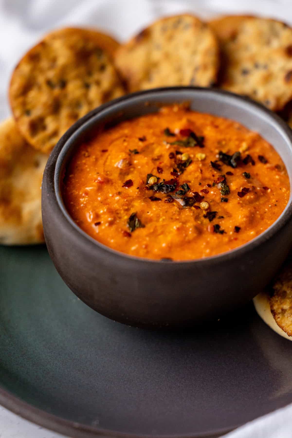 A bowl of red dip topped with herbs and spices is surrounded by round crackers on a dark plate.