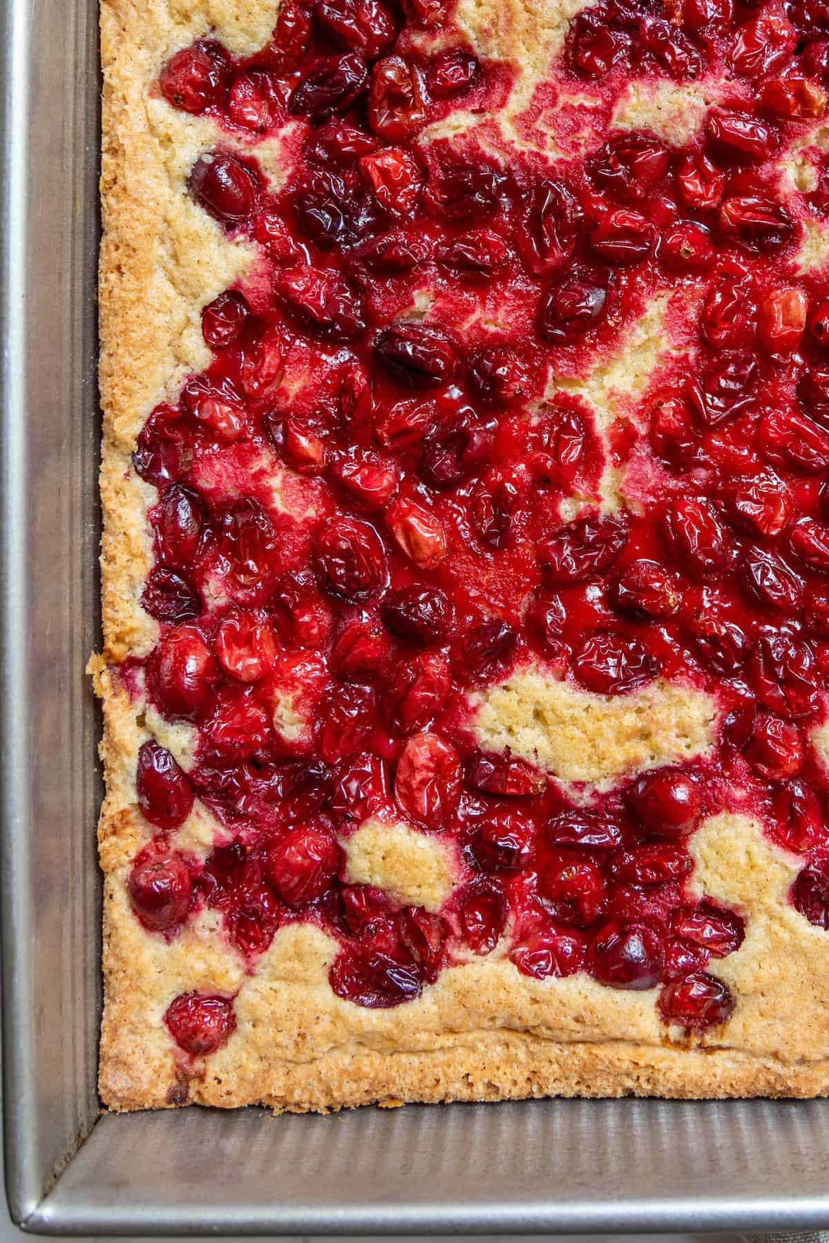 A batch of cranberry bars with a golden crust and vibrant red cranberries, freshly baked in a rectangular metal pan.