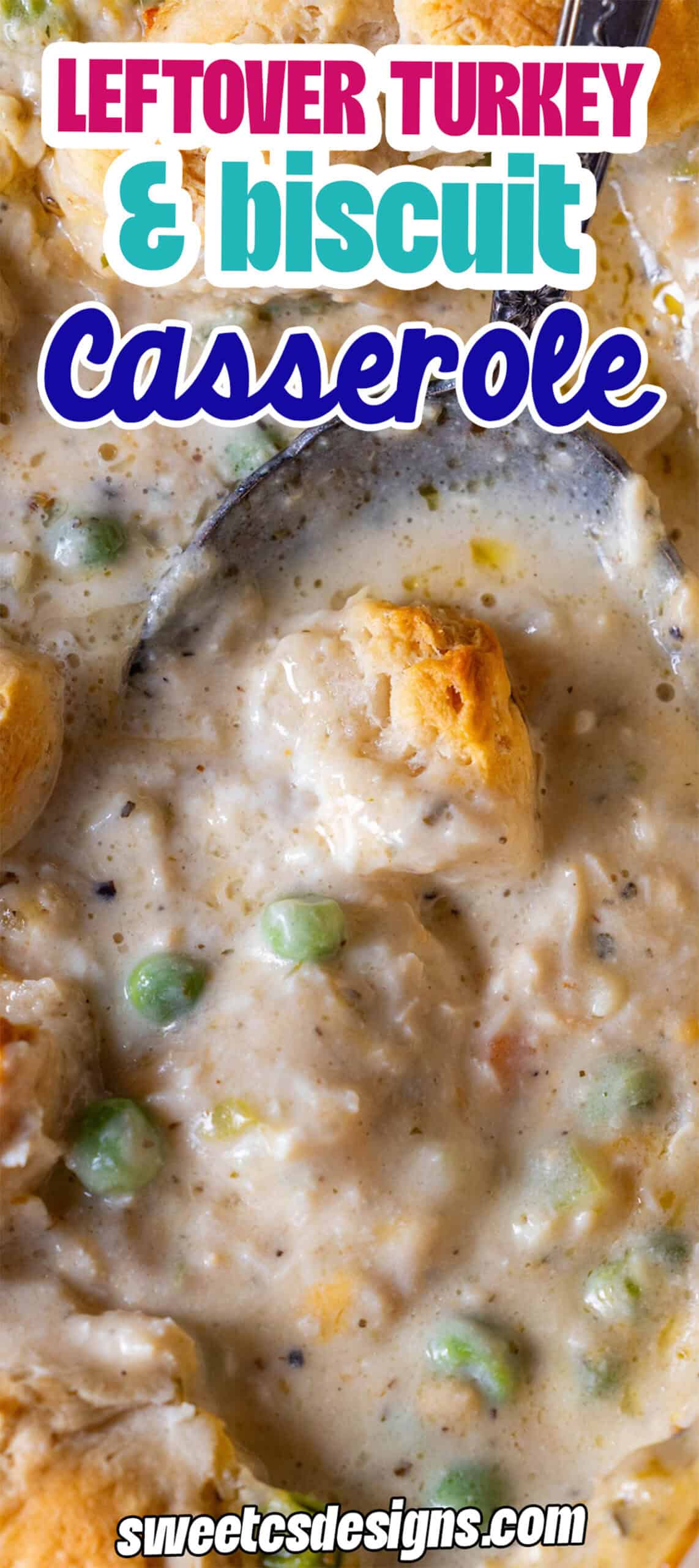 Close-up of a biscuit casserole made with leftover turkey, peas, and creamy sauce. A spoon scoops the delicious mixture. Text overlay reads "Leftover Turkey & Biscuit Casserole.