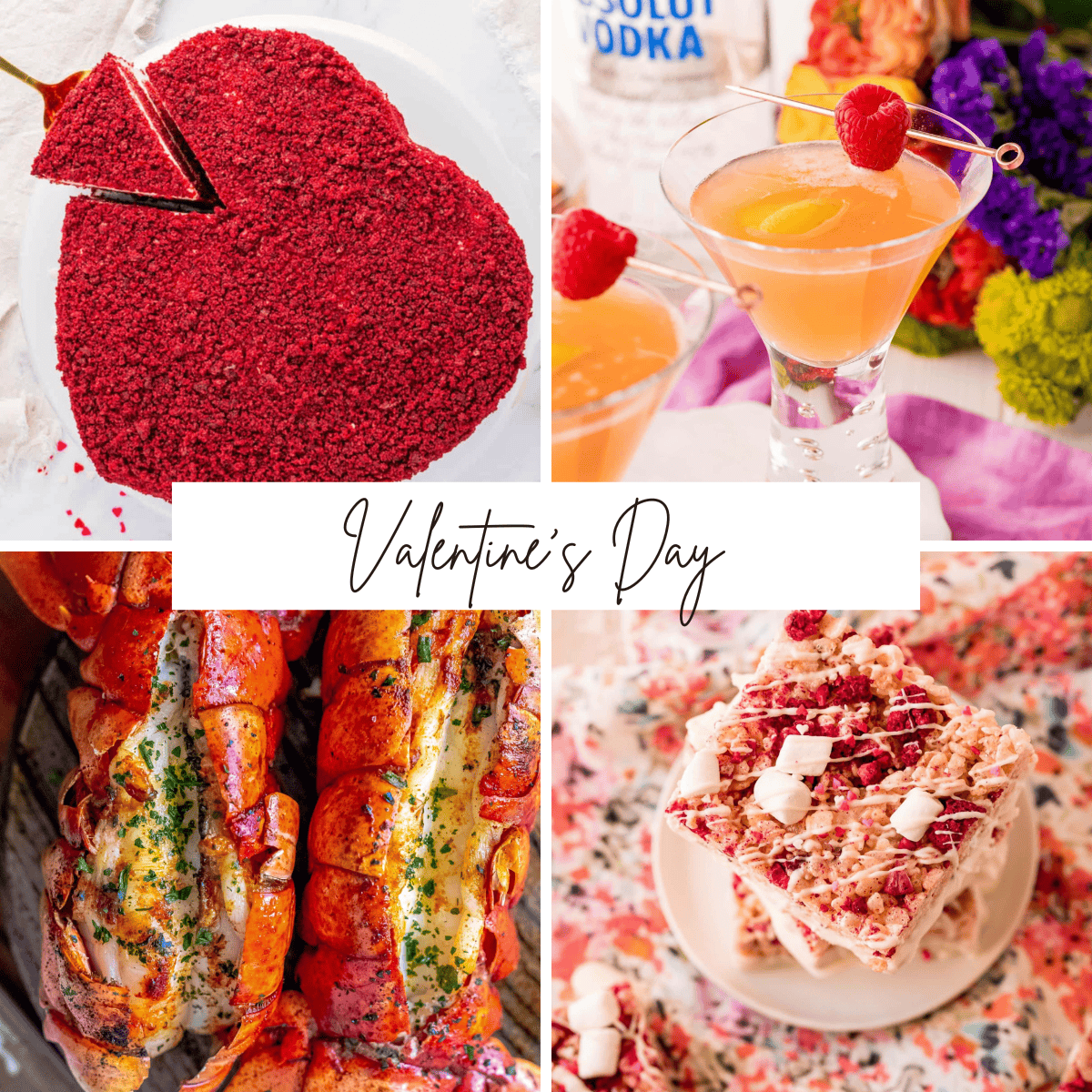A heart-shaped red velvet cake, a pink cocktail with raspberries, cheesy stuffed bread, and marshmallow rice crispy treats come together in this Valentine's Day Recipes collage.