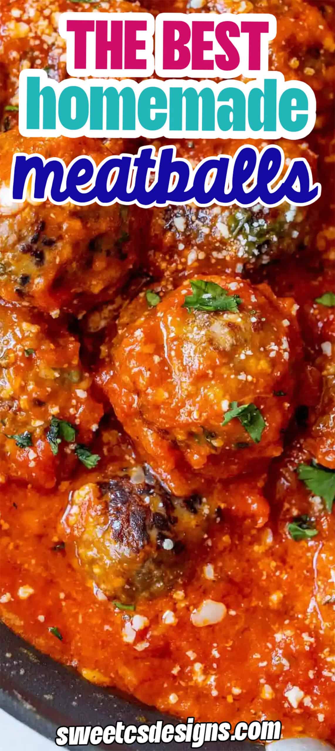 Close-up of baked meatballs covered in tomato sauce, garnished with chopped herbs. The text reads "The Best Easy Meatballs" with a website link at the bottom.