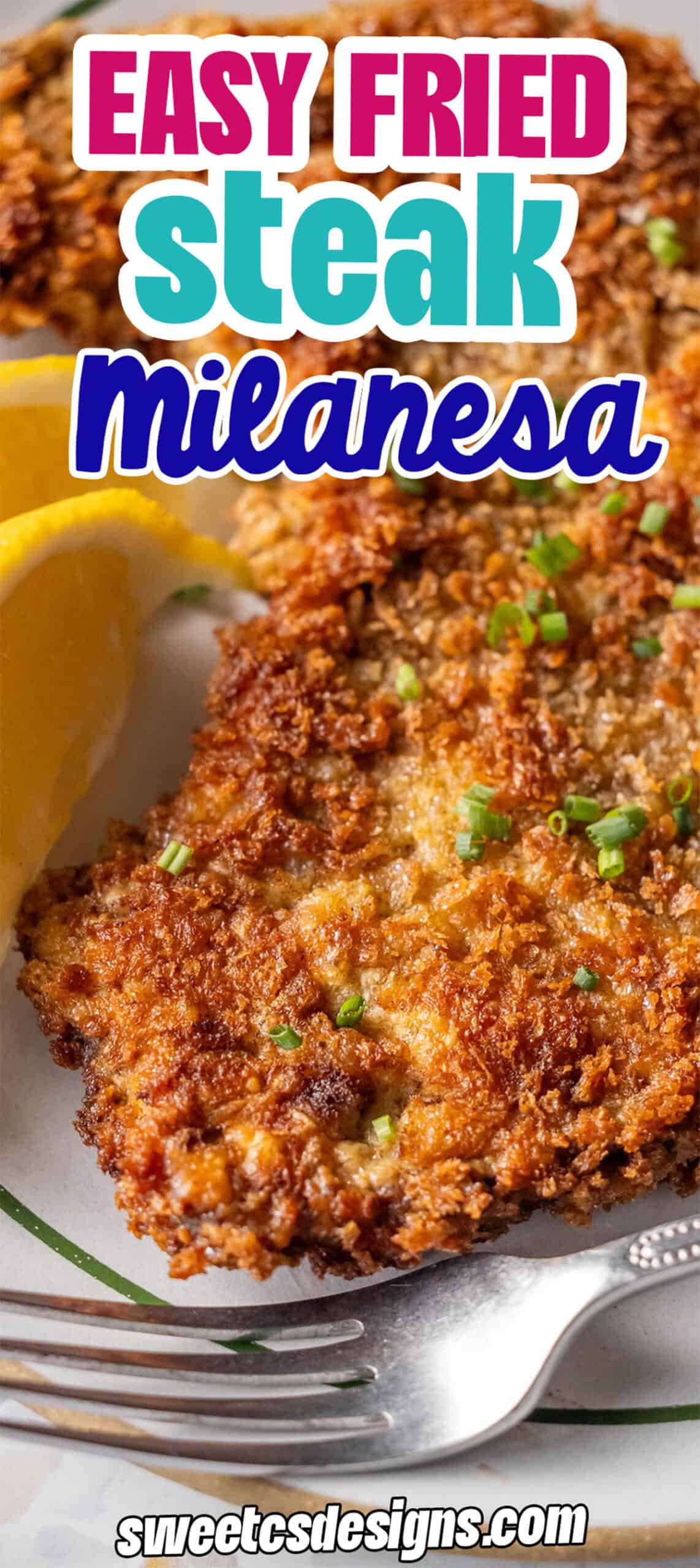 Close-up of crispy fried Steak Milanesa garnished with chopped chives and lemon wedges, served on a plate next to a fork. Text overlay reads "Easy Fried Steak Milanesa Recipe." Perfect for anyone wanting to learn how to make steak milanesa at home.