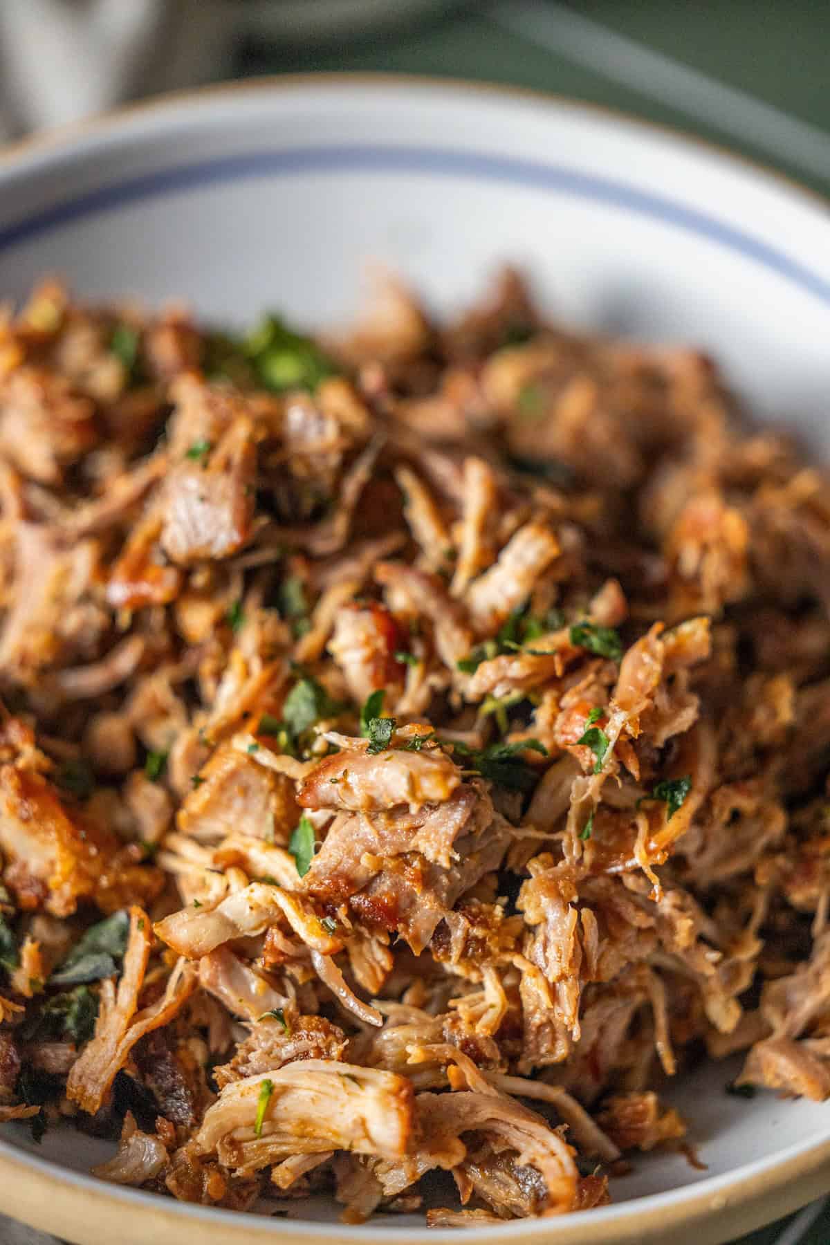 A close-up of shredded, cooked Country Style Ribs garnished with chopped herbs in a white bowl with a blue rim.