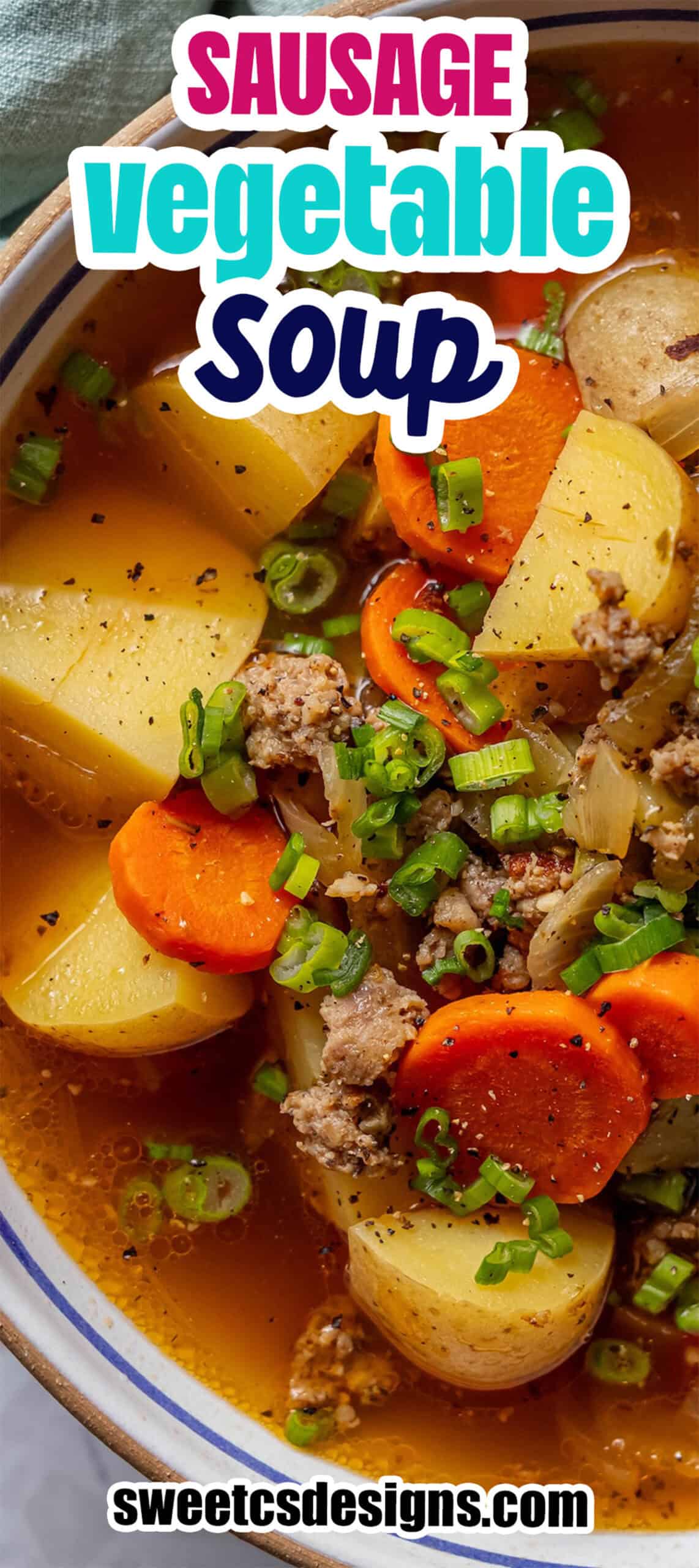 A comforting bowl of sausage vegetable soup, filled with potatoes, carrots, savory ground sausage, and chopped green onions in a flavorful broth.