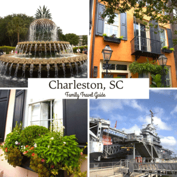 Collage of Charleston, SC landmarks: a pineapple fountain, colorful buildings with flower boxes, and a historic naval ship, labeled “Charleston, SC Family Travel Guide,” perfect for any Charleston travel guide.