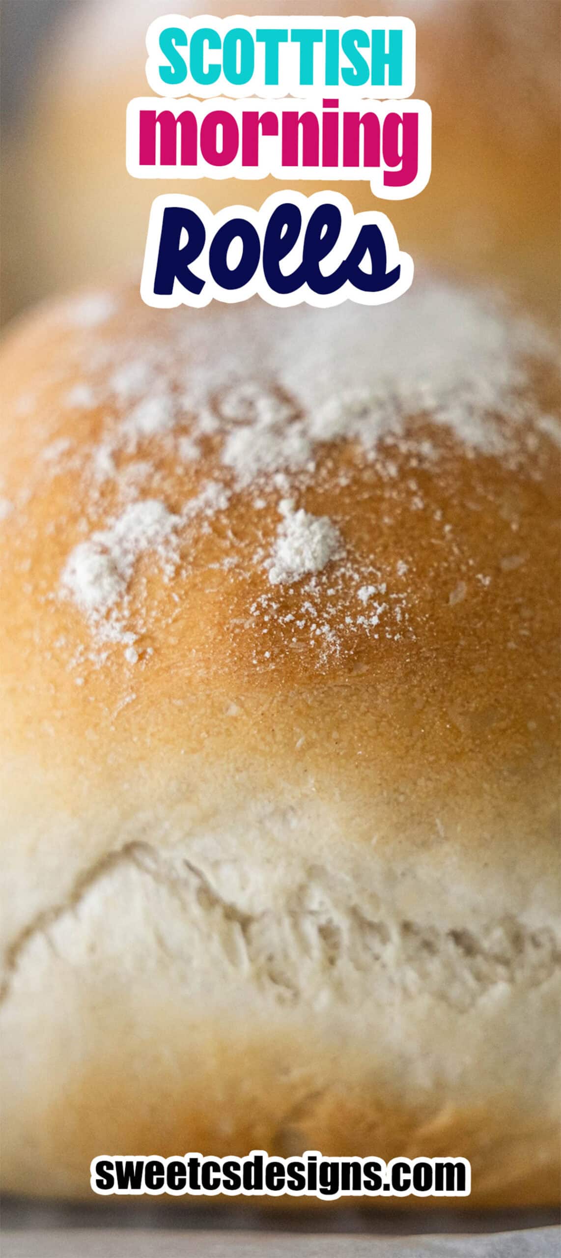 Close-up of Scottish morning rolls dusted with flour, featuring overlaid text "Scottish morning rolls" and a website link at the bottom.