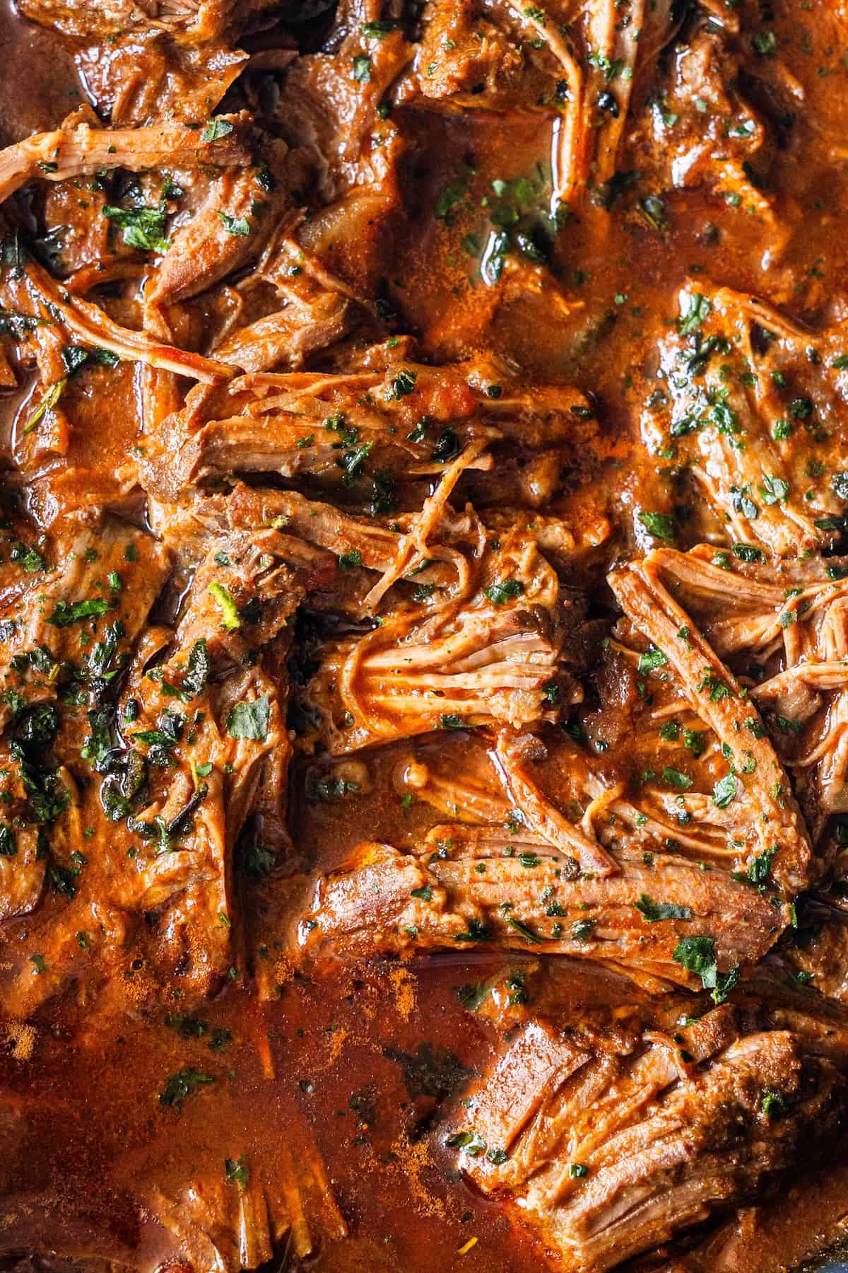 Close-up of shredded beef in a rich, red sauce garnished with chopped herbs, perfect for stuffing into Birria Tacos.