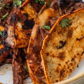 Close-up of two Birria Tacos with crispy, browned tortillas, filled with shredded beef and garnished with cilantro.
