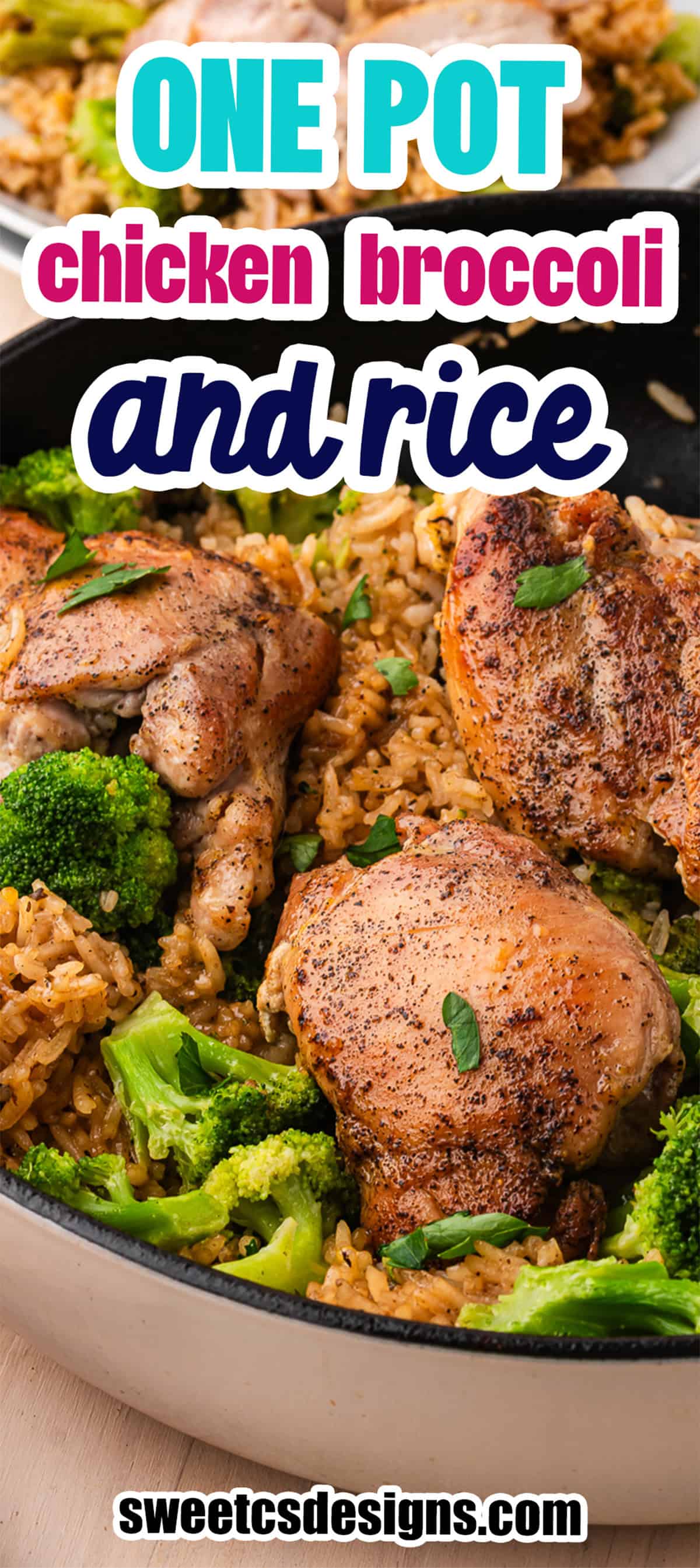 One pot chicken, broccoli, and rice in a skillet with the text “ONE POT chicken broccoli and rice” overlaid on this cheesy chicken and rice meal.