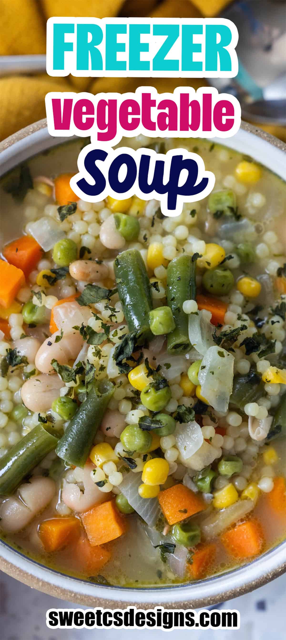 A bowl of frozen vegetable soup containing beans, corn, peas, carrots, green beans, and small pasta, with the text โFREEZER vegetable Soupโ overlaid.
